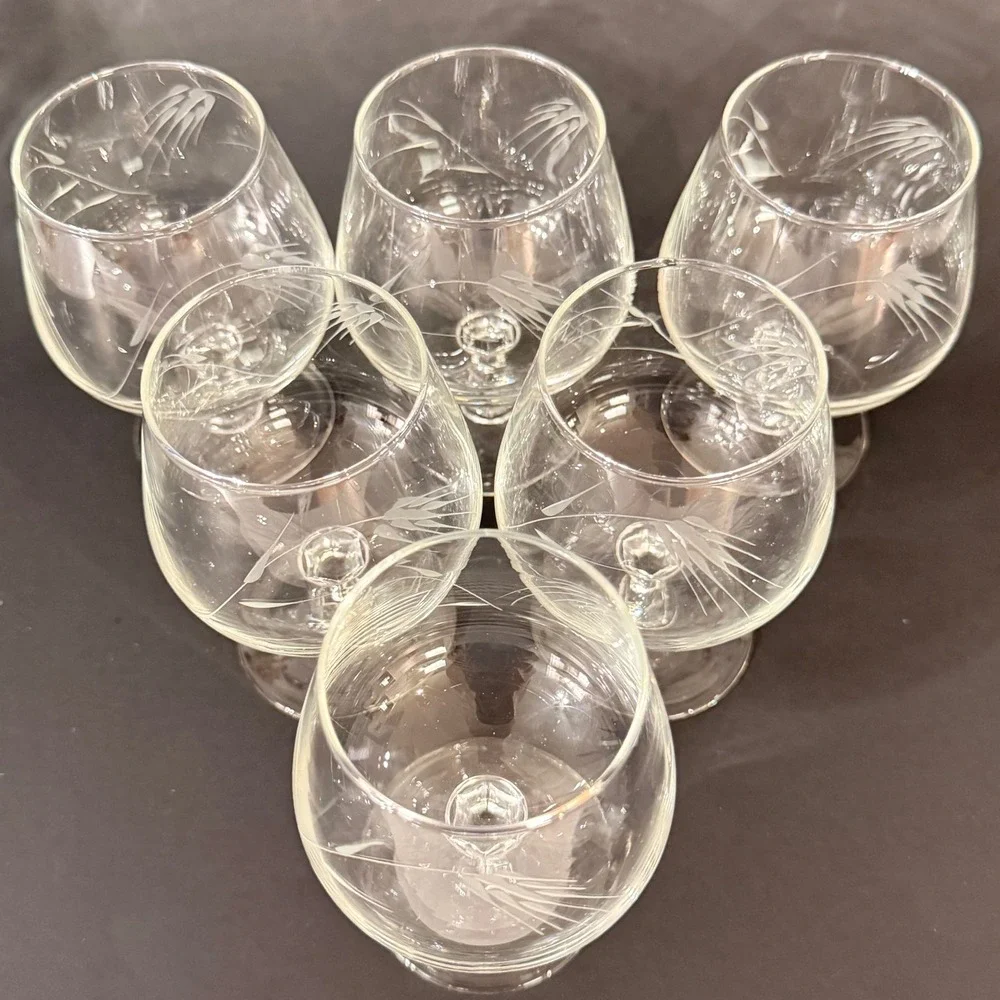 Vintage Etched Wheat Brandy Snifters Clear Glass Short Stem Set of 6 MCM
